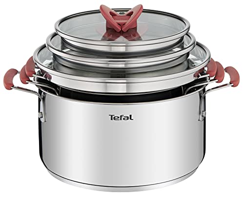 Tefal OptiSpace - Juego de 3 Cacerolas + 3 tapas: Cacerolas de 18, 20 y 24 cm de acero inoxidable, 3 tapas planas, asas antideslizante toque frío, marcas de medida, todo tipo de cocinas