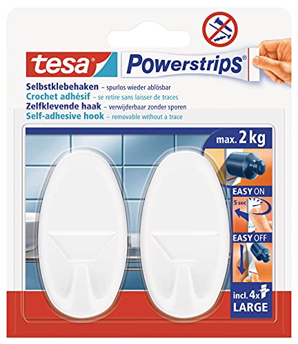 tesa️ Powerstrips️ - Gancho Adhesivo Grande - Montaje sin Taladrar - Alta Fuerza de Fijación hasta 2 kg con Tecnología Powerstrips️ - 130 x 108 x 6 mm - Blanco - Oval