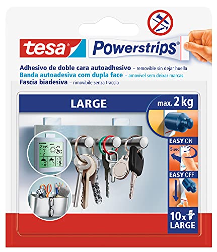 tesa Powerstrips Grande , Tiras Adhesivas Doble Cara adecuadoes para Superficies Planas y Lisas , Para Objetos de hasta 2 kg , Paquete con 10 Powerstrips