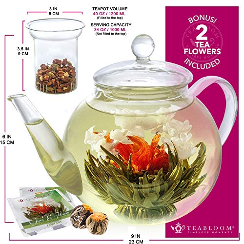 Tetera de cristal de Teabloom & Juego de infusor de vidrio - da para 6-8 tazas - es la mejor opción para hojas de té sueltas o té floreciente – se incluyen 2 flores de té (tetera de 1200 ml)