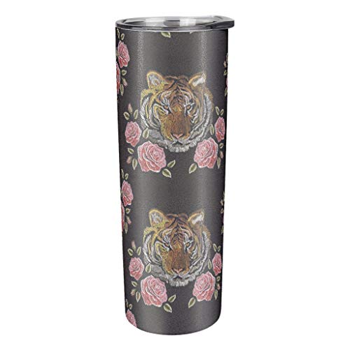 Tiger Rose - Vaso de doble pared con tapa y pajita de acero inoxidable flaco termo de moda, adecuado para portavasos de coche, color blanco 600 ml (20 oz)