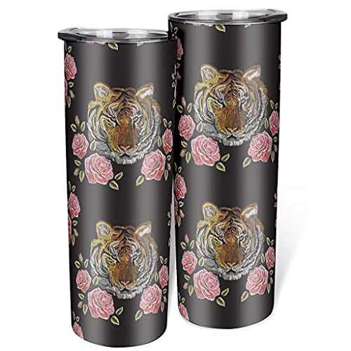 Tiger Rose - Vaso de doble pared con tapa y pajita de acero inoxidable flaco termo de moda, adecuado para portavasos de coche, color blanco 600 ml (20 oz)