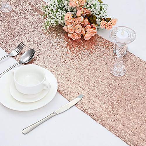 Tinyuet Camino de Mesa de Lentejuelas, 2 Piezas Corredores de Mesa de Oro Rosa para Banquetes de Bodas, Baby Shower, Decoración de Cumpleaños y Despedida de Soltera-30x275cm