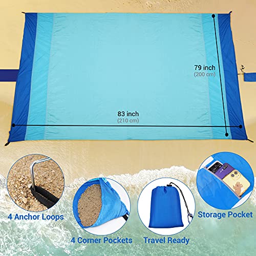 Toalla Playa Grande Esterilla Playa - Manta Picnic Impermeable 210 X 200cm Playa Accesorios Alfombra Playa Antiarena, Manta Playa Toalla Antiarena Playa con 4 Clavos Fijos para Playa, Camping, Picnic