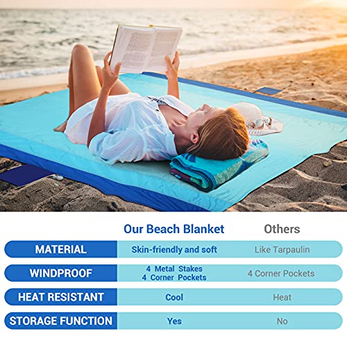 Toalla Playa Grande Esterilla Playa - Manta Picnic Impermeable 210 X 200cm Playa Accesorios Alfombra Playa Antiarena, Manta Playa Toalla Antiarena Playa con 4 Clavos Fijos para Playa, Camping, Picnic