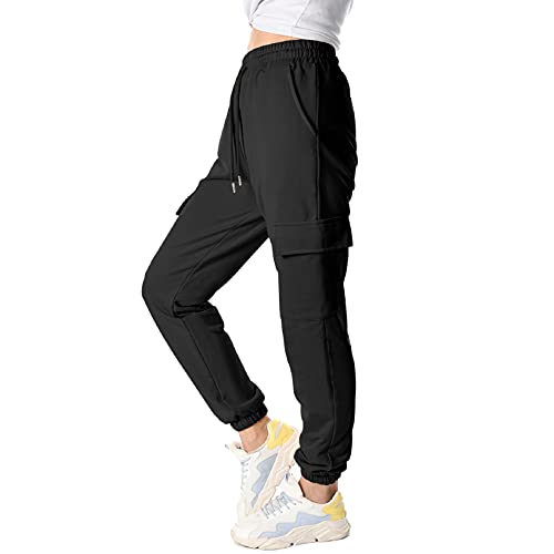 TOMEEK Pantalones Cargo Mujer Pantalones de Chándal de Mujer Pantalón Deporte Mujer de Algodón con 4 Bolsillos y Cordón para Yoga Fitness, Negro, Talla M