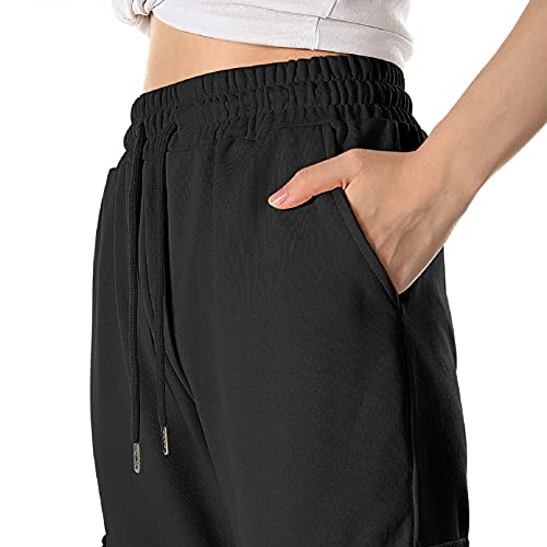 TOMEEK Pantalones Cargo Mujer Pantalones de Chándal de Mujer Pantalón Deporte Mujer de Algodón con 4 Bolsillos y Cordón para Yoga Fitness, Negro, Talla M