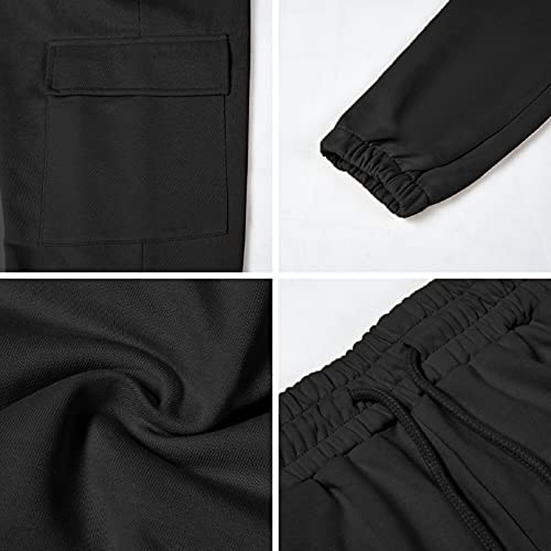 TOMEEK Pantalones Cargo Mujer Pantalones de Chándal de Mujer Pantalón Deporte Mujer de Algodón con 4 Bolsillos y Cordón para Yoga Fitness, Negro, Talla M