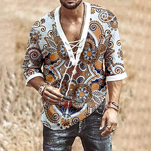 Tomwell Camisas Hombre Manga Larga Color Sólido con Cuello V Slim Fit Elegante Moda Camisas Playa Blusa Top Retro Camisa de Ocio Otoño Hombre G Caqui XL