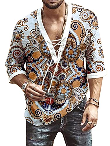 Tomwell Camisas Hombre Manga Larga Color Sólido con Cuello V Slim Fit Elegante Moda Camisas Playa Blusa Top Retro Camisa de Ocio Otoño Hombre G Caqui XL