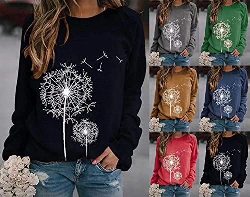 Tomwell Mujeres Sudadera De Camisa De Manga Larga Suelta Jerseys con Estampado De Diente De León Otoño Invierno Pullover Blusa Tops A Rojo XL