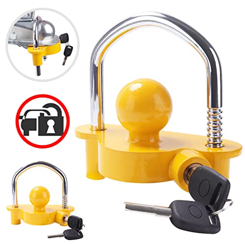 Trailer Ball Lock Hitch Coupler Towing Lock Ajustable Fácil instalación Resistente Acero y aleación de Aluminio Base para Remolque de caravanas Seguridad con 2 Llaves Amarillo