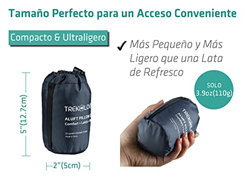 Trekology almohada de camping y viaje inflable ultraligera – ALUFT 2.0 Comprimible, compacta, cómoda, almohada hinchable ergonómica para el cuello y el apoyo lumbar para ir de camping