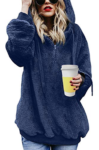 Tuopuda Sudadera Mujer con Capucha Hoodie Caliente y Esponjoso para Otoño Invierno Talla Grande Tops con Cremallera Pullover Suelto Mujer Sudadera Borreguito Suéter Jersey (Azul, M)