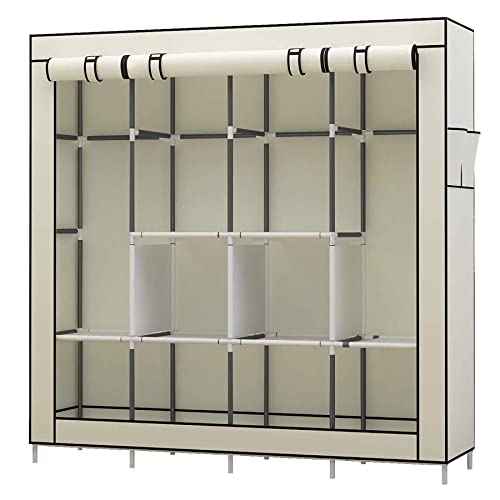 UDEAR Armario de Ropa de Tela y Tubo Metal para Ropa Organizador Ropero Plegable Colgar ，Beige