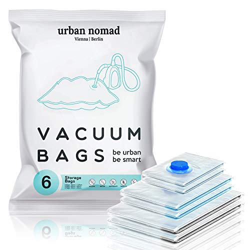 Urban Nomad Bolsas Vacio Ropa Aspiradora 6 Piezas 3 Tamaños: Pequeñas Grandes Jumbo, 80% Ahorro Espacio | Almacenaje de Compresión, Reutilizable Robusto: Viaje Juego de Cama Edredones Almohadas Manta