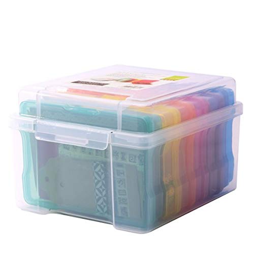 Vaessen Creative Caja de Almacenamiento Transparente con Tapa y 6 Cajas Coloridas, para Platillas de Corte, Fotos y Otros Suministros de Manualidades, 21 x 18.5 x 14 cm