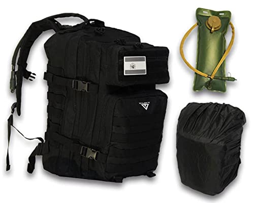 VALSKY Mochila tactica 45L + Bolsa de hidratación + Funda impermeable + Bandera España PVC. Mochila Militar para senderismo , mochila crossfit, mochila trekking. (45L, Negro España)