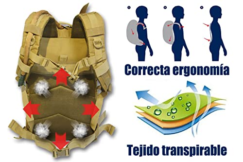 VALSKY Mochila tactica 45L + Bolsa de hidratación + Funda impermeable + Bandera España PVC. Mochila Militar para senderismo , mochila crossfit, mochila trekking. (45L, Beige España)