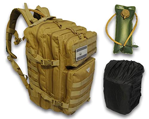 VALSKY Mochila tactica 45L + Bolsa de hidratación + Funda impermeable + Bandera España PVC. Mochila Militar para senderismo , mochila crossfit, mochila trekking. (45L, Beige España)