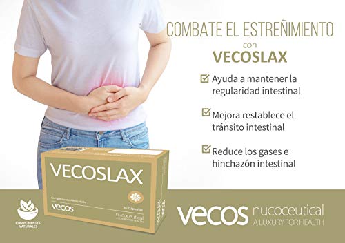 Vecoslax para ayudar con el estreñimiento ocasional – Suplemento alimenticio con efecto laxante para contribuir en la regularidad intestinal para ir al baño– Aloe Vera, frángula y hojas de sen