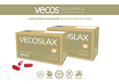 Vecoslax para ayudar con el estreñimiento ocasional – Suplemento alimenticio con efecto laxante para contribuir en la regularidad intestinal para ir al baño– Aloe Vera, frángula y hojas de sen