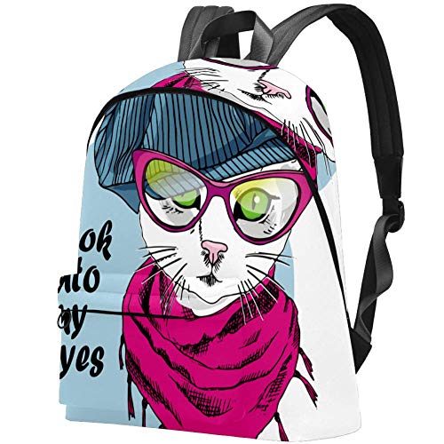 Vector - Mochila escolar con gafas y gorra, diseño de gato blanco