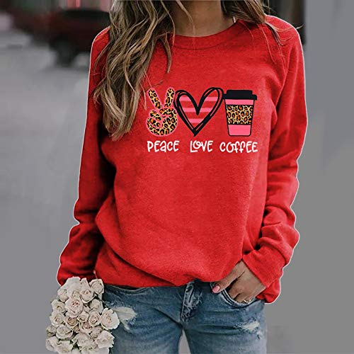 VEMOW Blusas y Camisas de Mujer Manga Larga, Impresión de Cartas Primavera Otoño Elegant Color Sólido Camisa Camiseta Larga Sudadera Casual Cuello Redondo Top Túnica Tops Jersey Largo(Rojo,XXL)