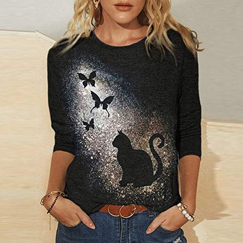 VEMOW Blusas y Camisas de Mujer Manga Larga, Lindo Patrón Gato Impreso Primavera Otoño Elegant Suelto Camisa Camiseta Larga Sudadera Casual Cuello Redondo Top Túnica Tops Jersey Largo(F Oro,L)