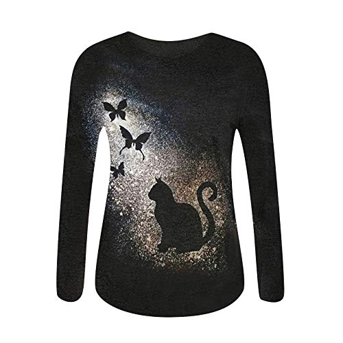 VEMOW Blusas y Camisas de Mujer Manga Larga, Lindo Patrón Gato Impreso Primavera Otoño Elegant Suelto Camisa Camiseta Larga Sudadera Casual Cuello Redondo Top Túnica Tops Jersey Largo(F Oro,L)