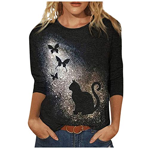 VEMOW Blusas y Camisas de Mujer Manga Larga, Lindo Patrón Gato Impreso Primavera Otoño Elegant Suelto Camisa Camiseta Larga Sudadera Casual Cuello Redondo Top Túnica Tops Jersey Largo(F Oro,L)