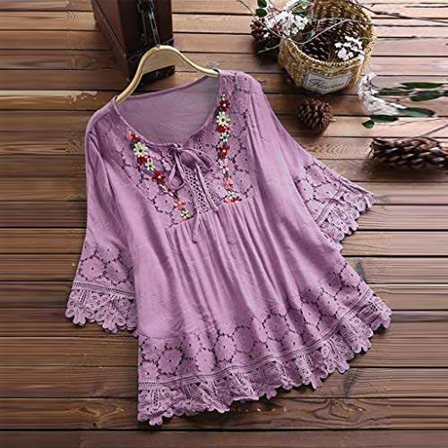 VEMOW Camisola Tops Mujer Vintage Jacquard Tres Cuartos de Encaje con Cuello en V Talla Grande Blusas Superior(T Púrpura,3XL)