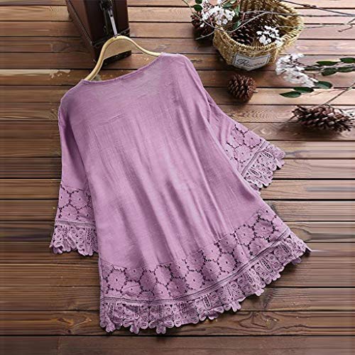 VEMOW Camisola Tops Mujer Vintage Jacquard Tres Cuartos de Encaje con Cuello en V Talla Grande Blusas Superior(T Púrpura,3XL)