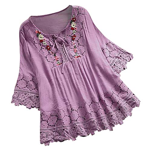 VEMOW Camisola Tops Mujer Vintage Jacquard Tres Cuartos de Encaje con Cuello en V Talla Grande Blusas Superior(T Púrpura,3XL)