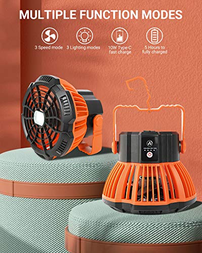 Ventilador Portátil Ultra Silencioso, 5200mAh USB Recargable Ventilador Camping con Iluminación LED, para Hogar Exterior Oficina Camping Viajes Carpas