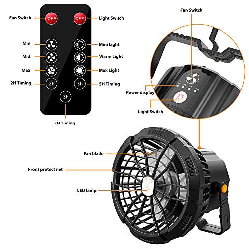 Ventilador USB Portátil, Ventiladores Recargable de Luz LED con Control Remot Timing, 3 Velocidades, Rotación de 180 °, Ventilador de Sobremesa para el Hogar Exterior Oficina Camping Viajes Carpas