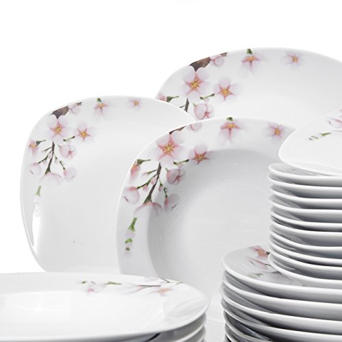 VEWEET Annie 36 Piezas Juegos de Vajillas de Porcelana con 12 Platos, 12 Platos Hondos y 12 Plato de Postre para 12 Personas