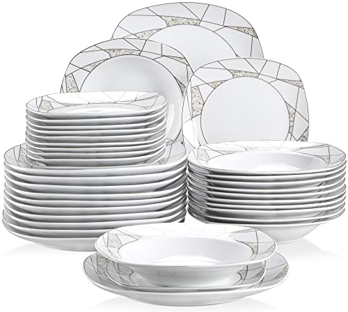 VEWEET Serena 36 Piezas Juegos de Vajillas de Porcelana con 12 Platos, 12 Platos Hondos y 12 Plato de Postre para 12 Personas