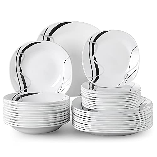 VEWWET Fiona Vajillas de 36 piezas, Vajillas Combinadas para 6 Personas, con Plato de Cena, Plato de Sopa, Plato de Postre, Vidrio Opal