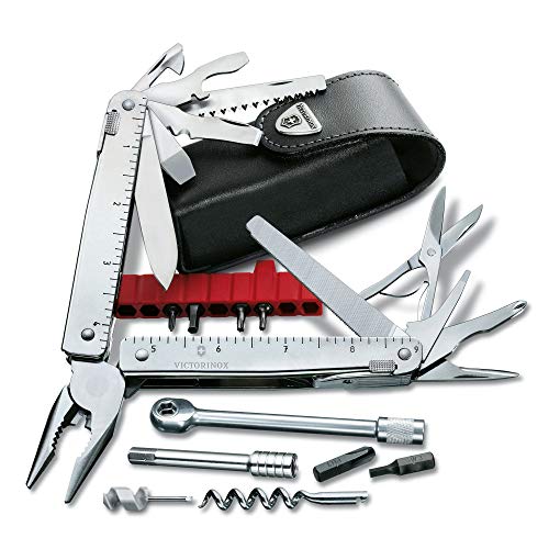 Victorinox Multitool SwissTool X Plus Ratchet Navaja en funda de piel con 38 funciones, incluyendo hoja, portabrocas y prolongador de brocas, color gris