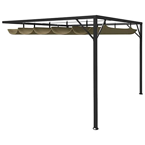 vidaXL Cenador de Pared de Jardín con Tejado Retráctil Pérgola Patio Toldo Carpa de Celebraciones Fiesta Desmontable Bodas Gris Taupe 3x3m