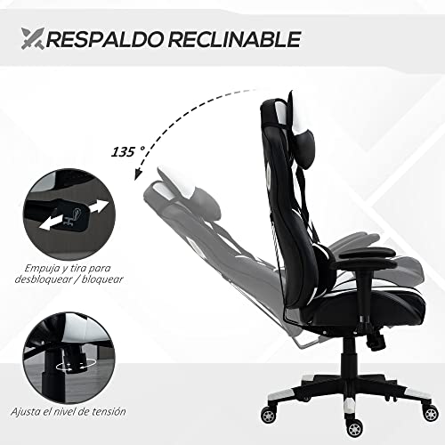 Vinsetto Silla Gaming Ergonómica Silla de Juegos Giratoria con Altura Ajustable Reposabrazos Regulable Reposacabezas y Cojín Lumbar Extraíbles 70x71x125-133 cm Blanco