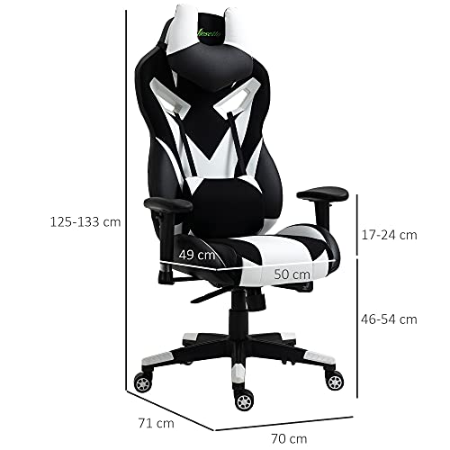 Vinsetto Silla Gaming Ergonómica Silla de Juegos Giratoria con Altura Ajustable Reposabrazos Regulable Reposacabezas y Cojín Lumbar Extraíbles 70x71x125-133 cm Blanco