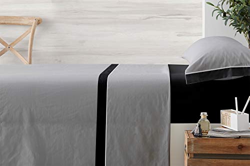 Vipalia Sabanas Juego 3 Piezas. Sabanas Encimera, Sabanas Bajera Ajustable y Funda Almohada. Bicolor Lisas 100% Poliester. Diseño y Calidad. Evoque. Color Gris/Negro. Cama 105 cm