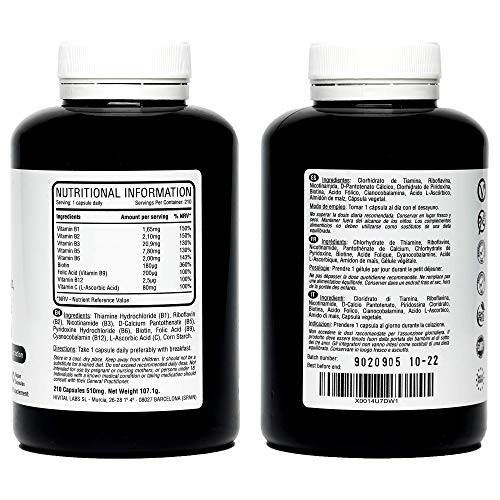 Vitamina B Complex | 210 cápsulas veganas para 7 meses | Complejo Vitaminas B con B1, B2, B3, B5, B6, B12, Biotina y Ácido Fólico | Aumenta el nivel de energía y mejora la concentración y la memoria