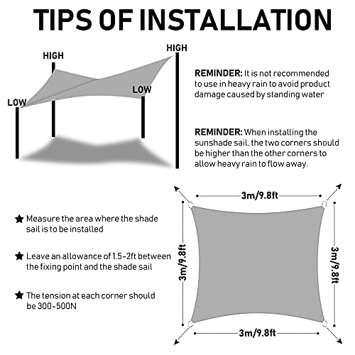 Vivibel Velas Sombra, Toldo Rectangular/Triangulares, Toldo Impermeable Exterior 420D PES poliéster, Vela De Toldo Protección UV, para Jardín, Balcón, Exterior, Terraza, Camping (3 * 3m, Gris)