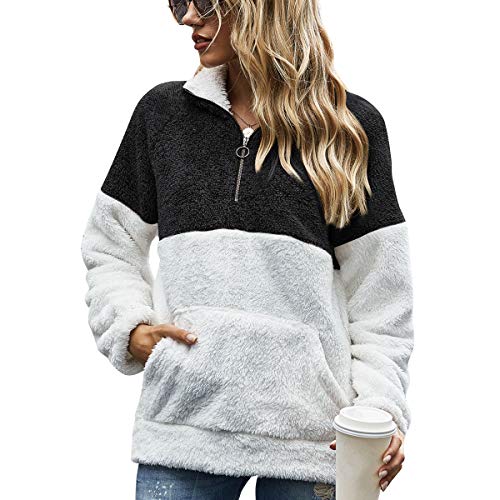 Voqeen Mujer Sudaderas con Teñido Anudado Collar del Soporte Pullover de Vellón Difuso de Manga Larga Jersey de Color de Contraste con Cremallera de 1/4 Abrigo Outwear Tops con Bolsillos