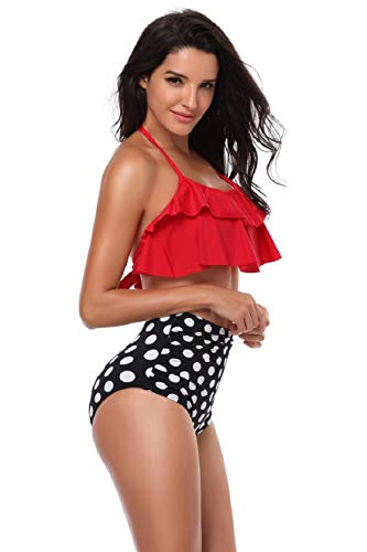 Voqeen Traje de Baño Conjunto de Bikini Mujer Cintura Alta Traje de Baño de Dos Piezas Volantes Estampado Ropa de Playa (Rojo + Lunares, M)