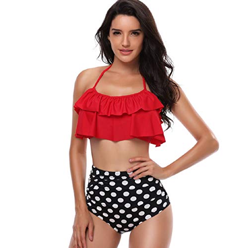 Voqeen Traje de Baño Conjunto de Bikini Mujer Cintura Alta Traje de Baño de Dos Piezas Volantes Estampado Ropa de Playa (Rojo + Lunares, M)