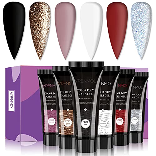 Vrenmol Poly Nail Gel Set - Juego de uñas de gel de extensión de uñas con purpurina 6 colores Gel constructor para uñas Juego de manicura para mejoramiento de uñas para técnico de uñas profesional